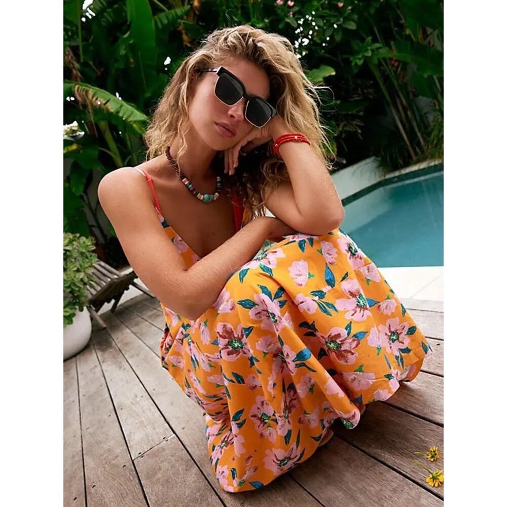 Free People Finer Things Printed Halter Midi Dress Sunshine Combo Tropical Small - Picture 5 of 16